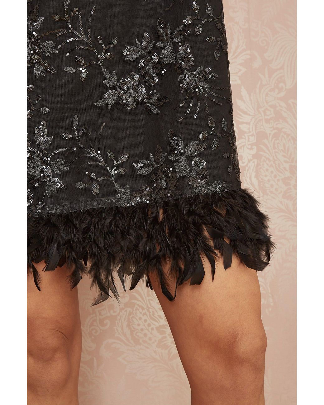 Yumi' Black Sequin Embroidered Tunic Dress With Feather Trim