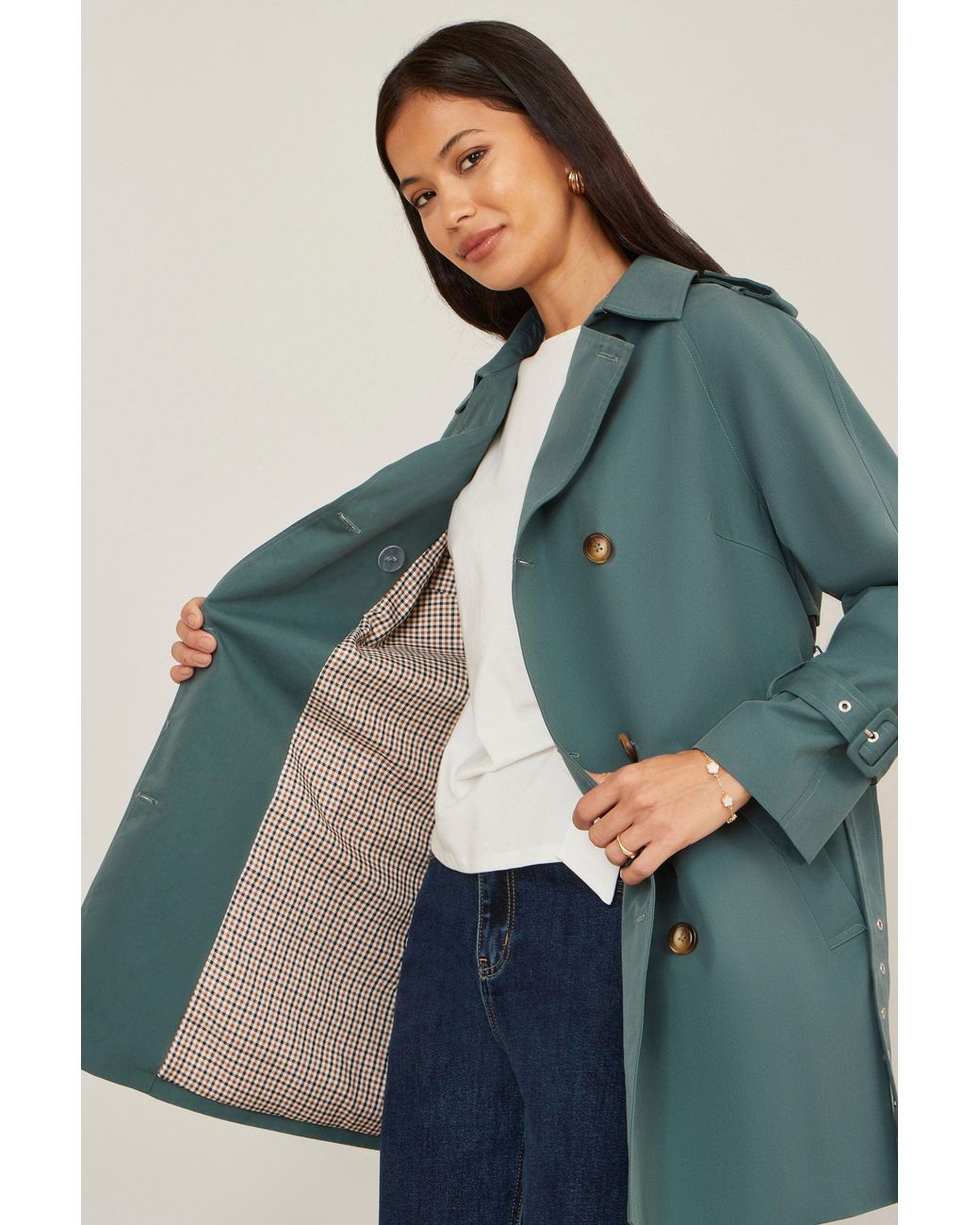 Yumi' Green Belted Trench Coat With Check Lining
