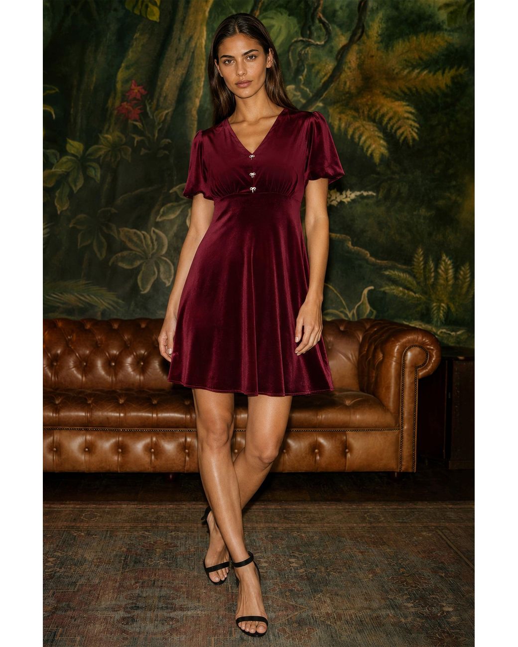 Yumi' Red Velvet Skater Dress With Dimante Bow Detail