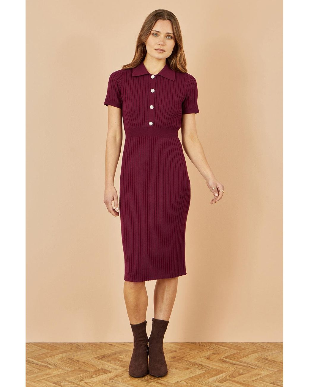 Yumi' Red Fitted Rib Knitted Midi Dress With Daisy Buttons