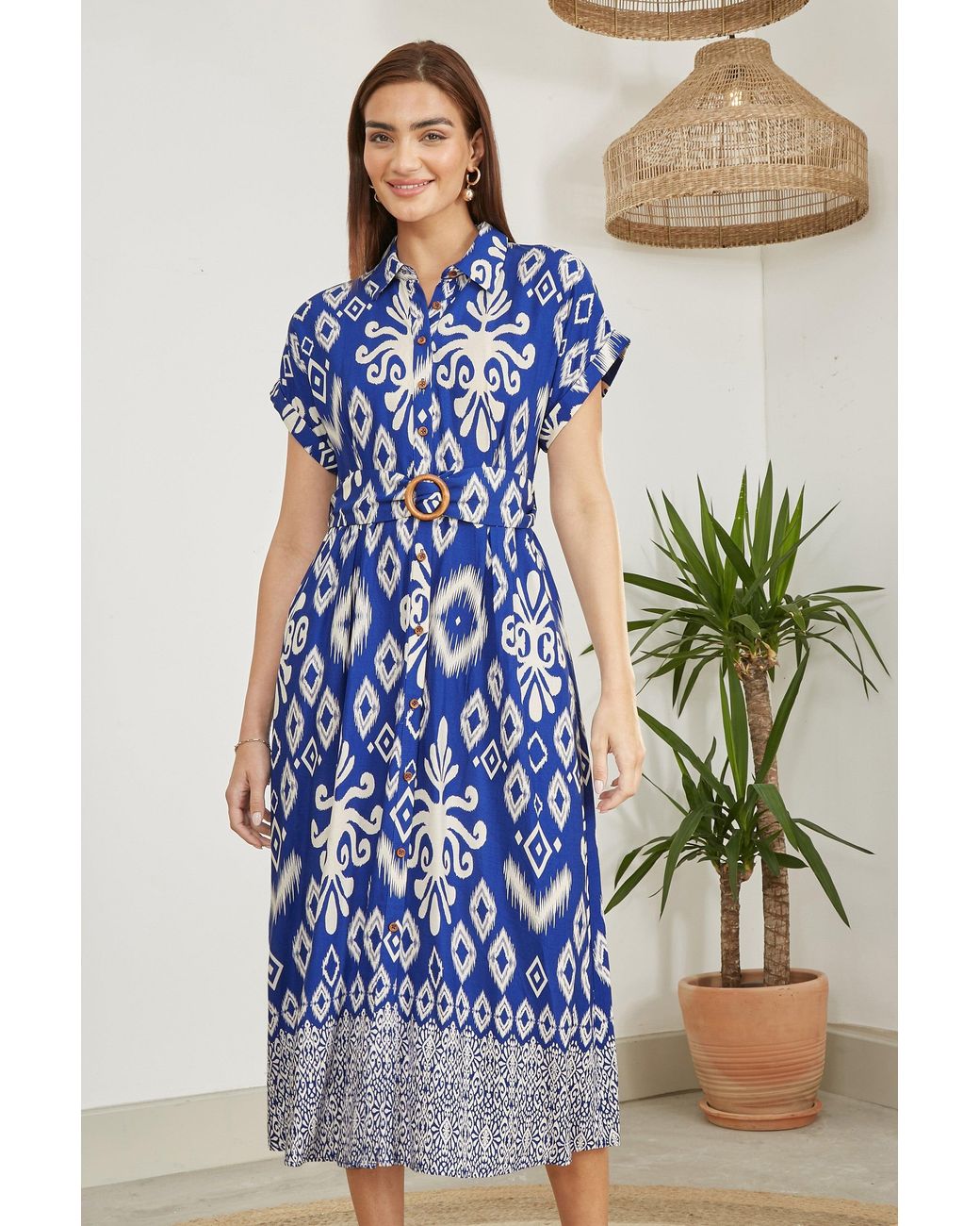Yumi' Blue Abstract Geo Print Relaxed Midi Shirt Dress With Belt