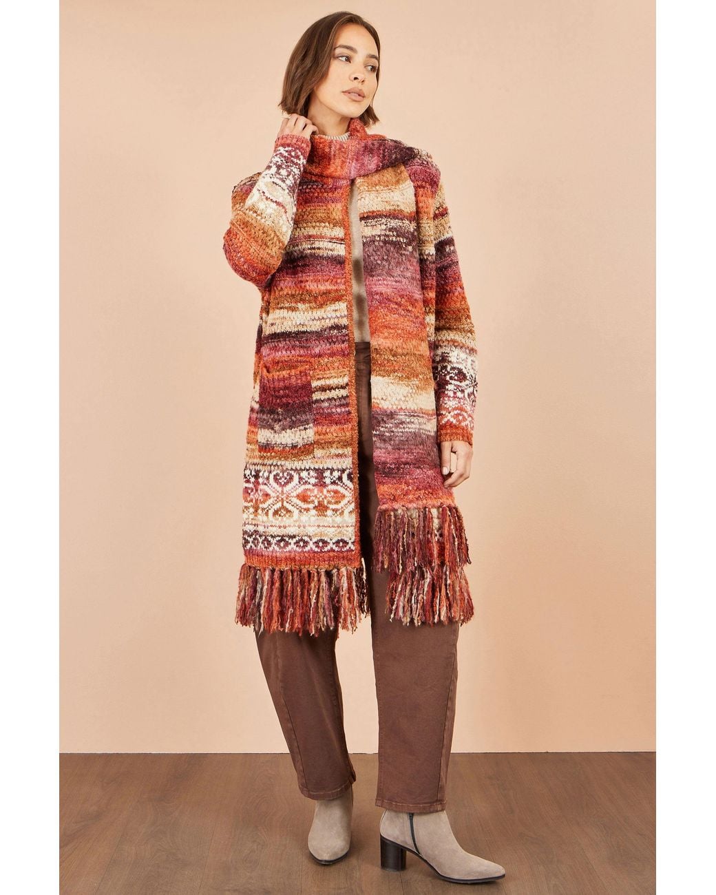 Yumi' Orange Boucle Soft Long Cardigan With Scarf