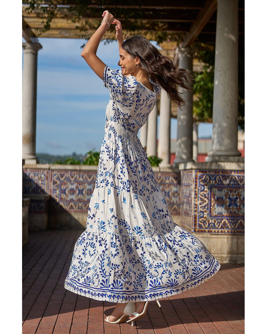Yumi' Blue Border Print Maxi Dress