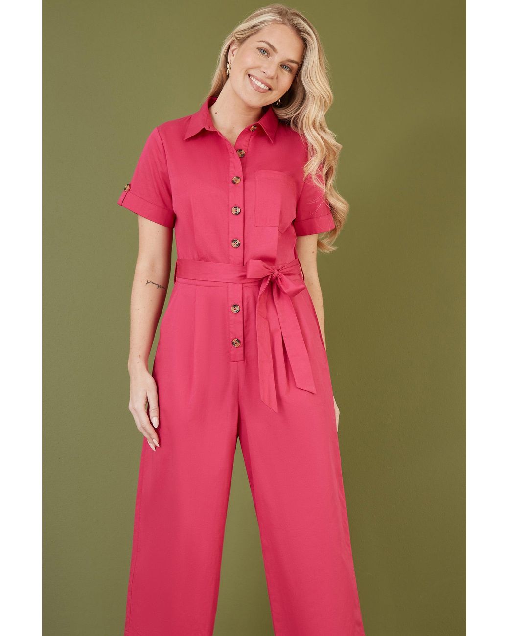 Yumi' Pink Viscose Twill Button Up Utility Style Jumpsuit