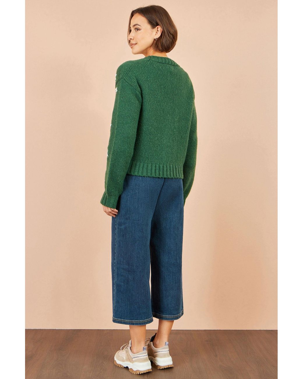 Yumi' Green Hand Embroidered Chunky Knitted Cardigan