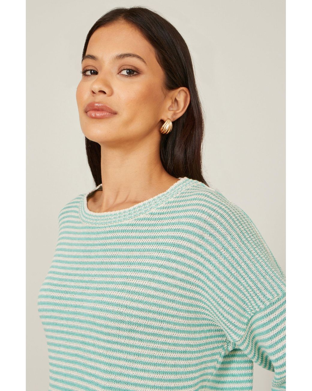 Yumi' Green Knitted Stripe Relaxed Jumper