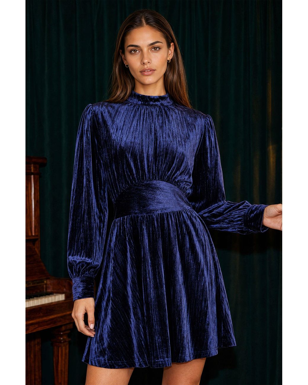 Yumi' Blue Ruched Waist Velvet Skater Dress