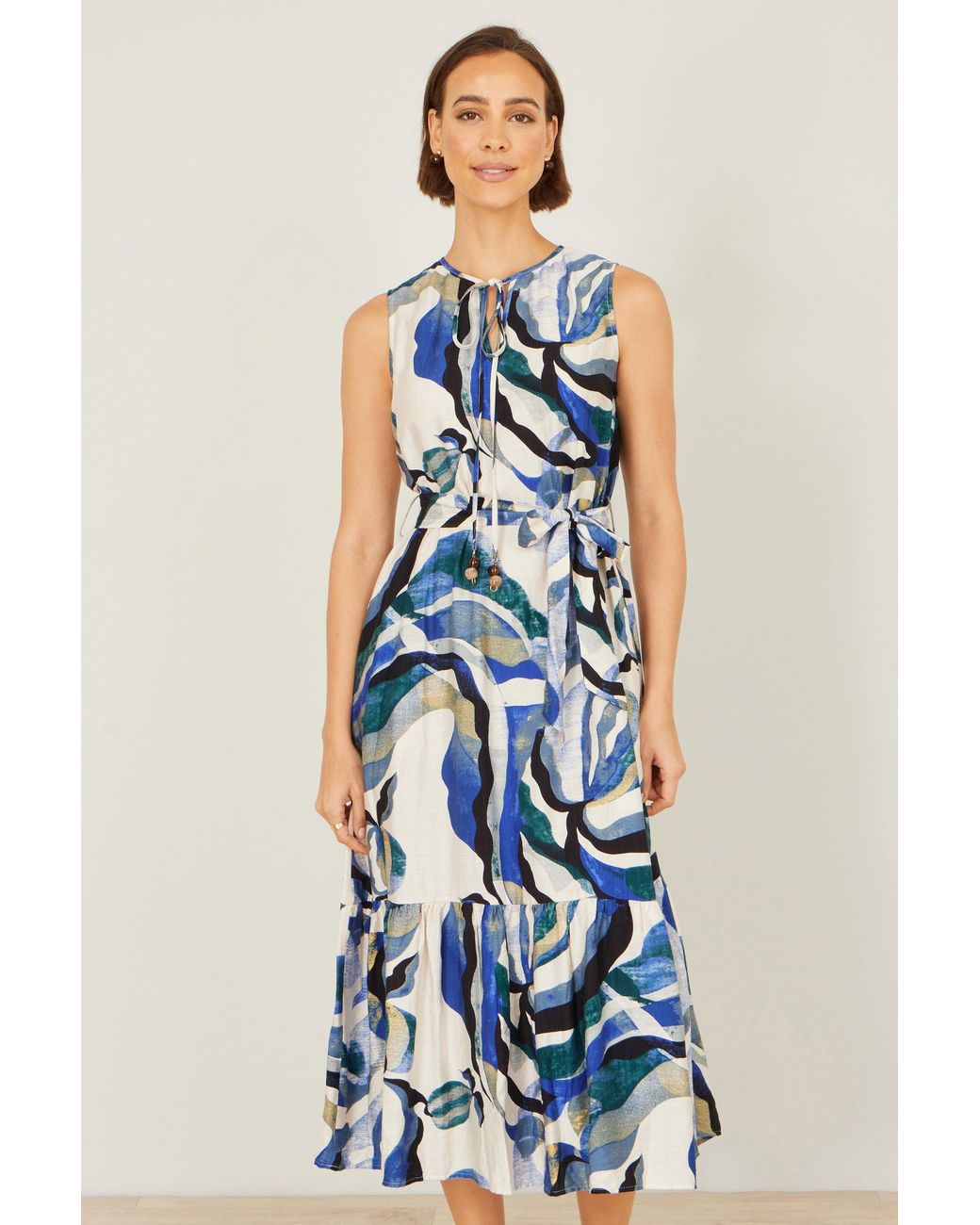Yumi' Blue Viscose Swirl Print Midi Dress