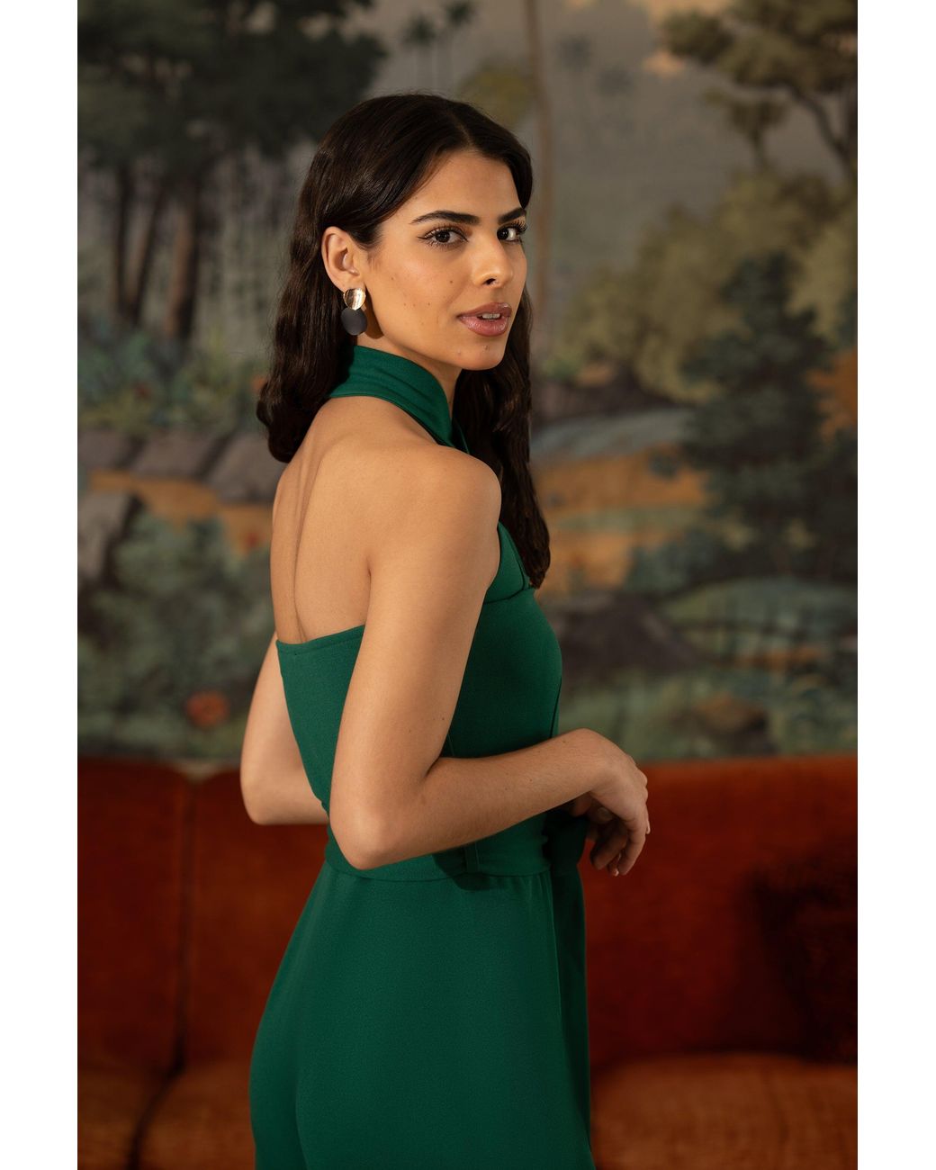 Yumi' Green Cross Over Halter Neck Jumpsuit