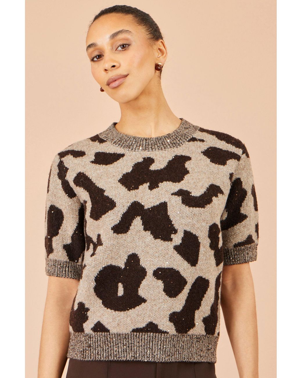 Yumi' Natural Leopard Intarsia Short Sleeve Jumper
