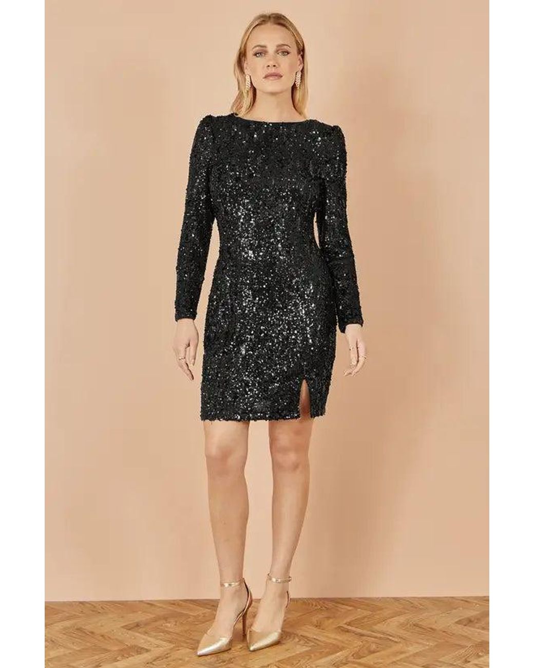 Yumi' Black Sequin Long Sleeve Fitted Dress