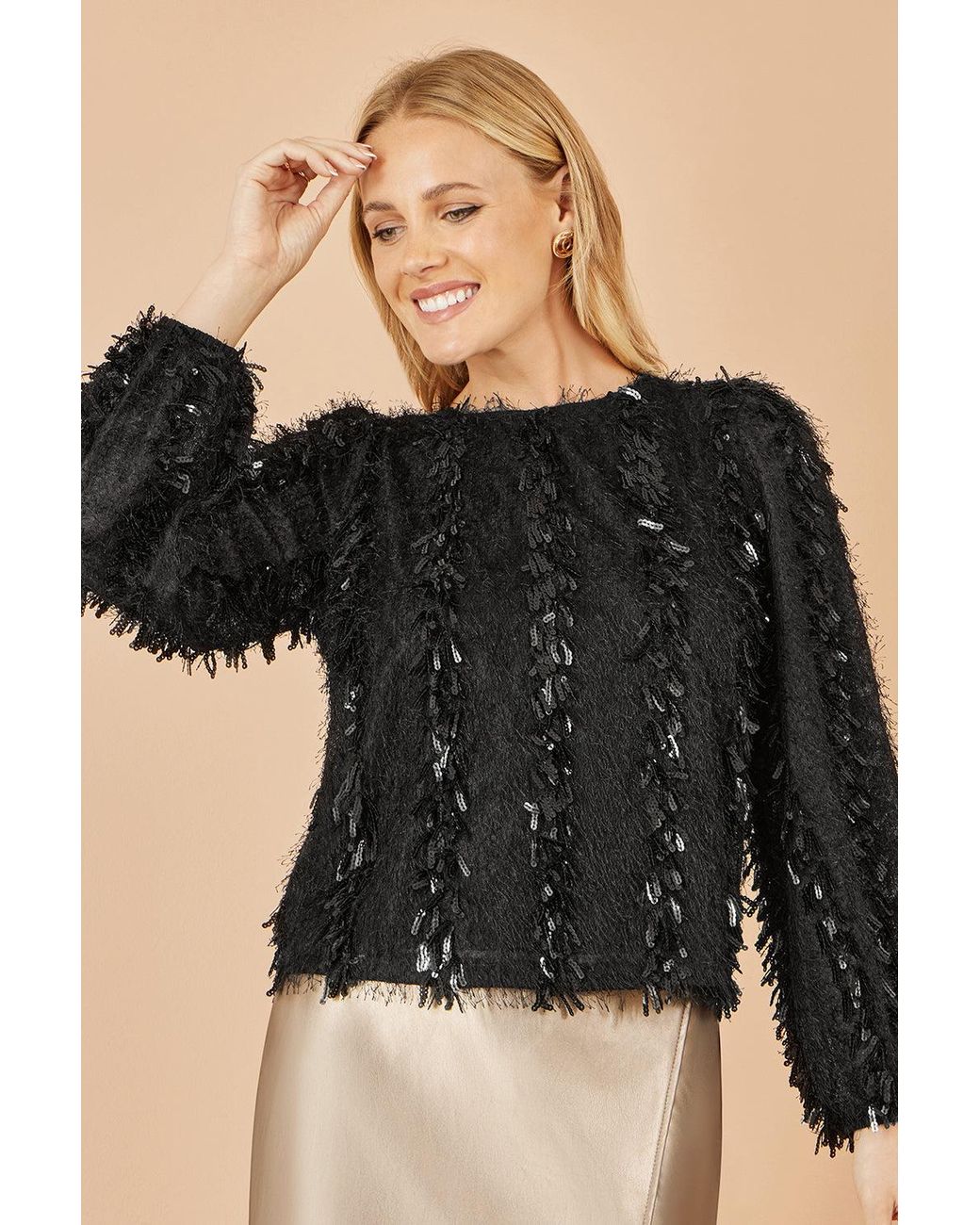 Yumi' Black Hanging Sequin Long Sleeve Top