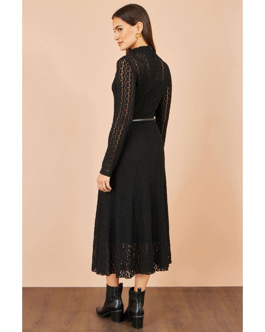 Yumi' Black High Neck Lace Midi Dress