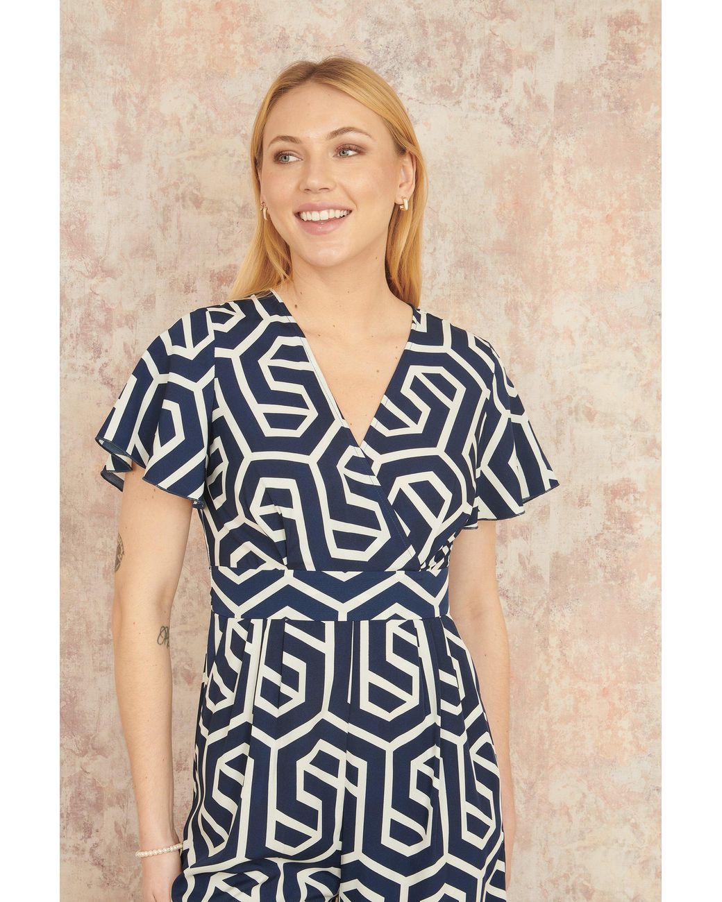 Yumi' Blue Oversize Geo Print Jumpsuit