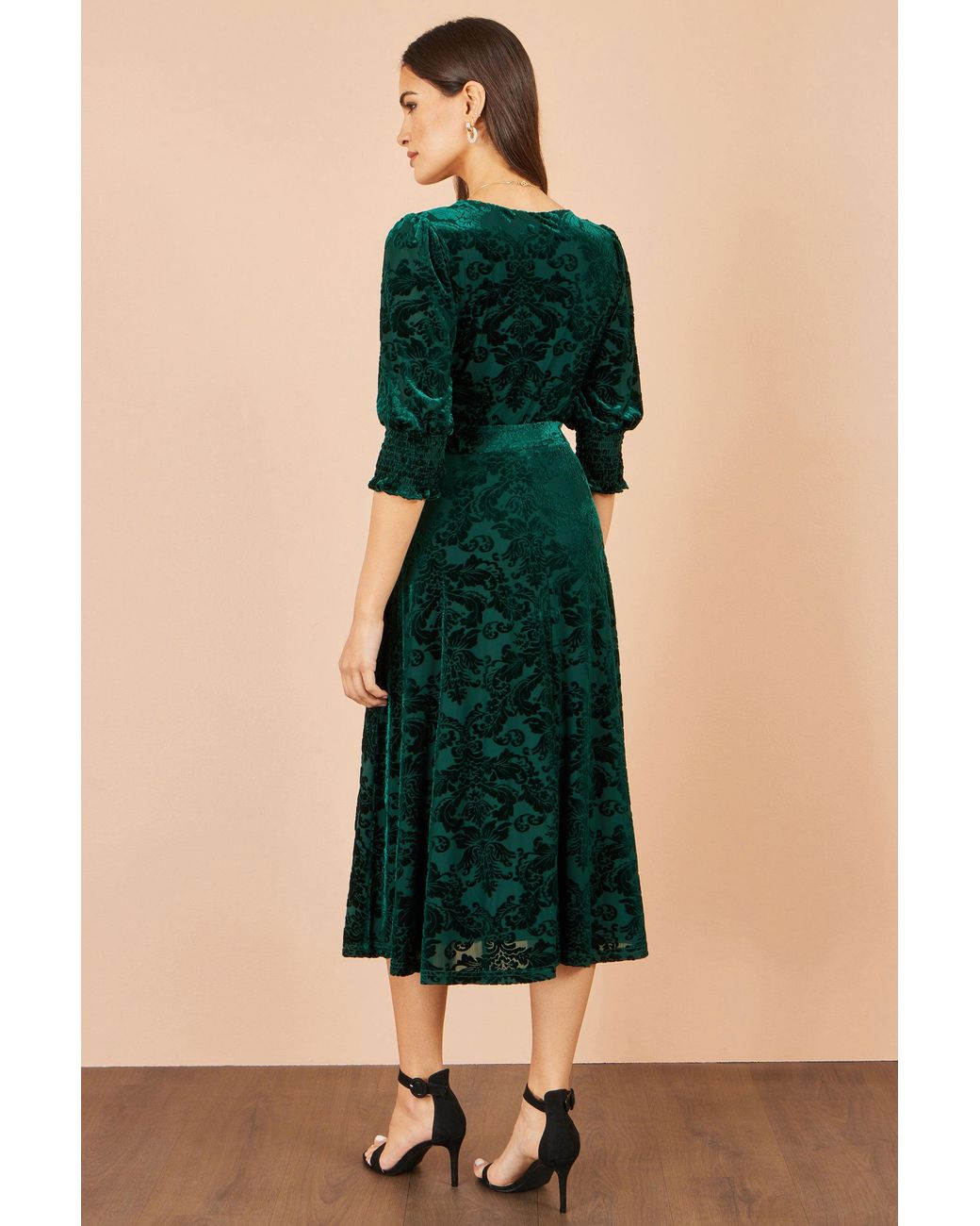 Yumi' Green Velvet Floral Midi Dress
