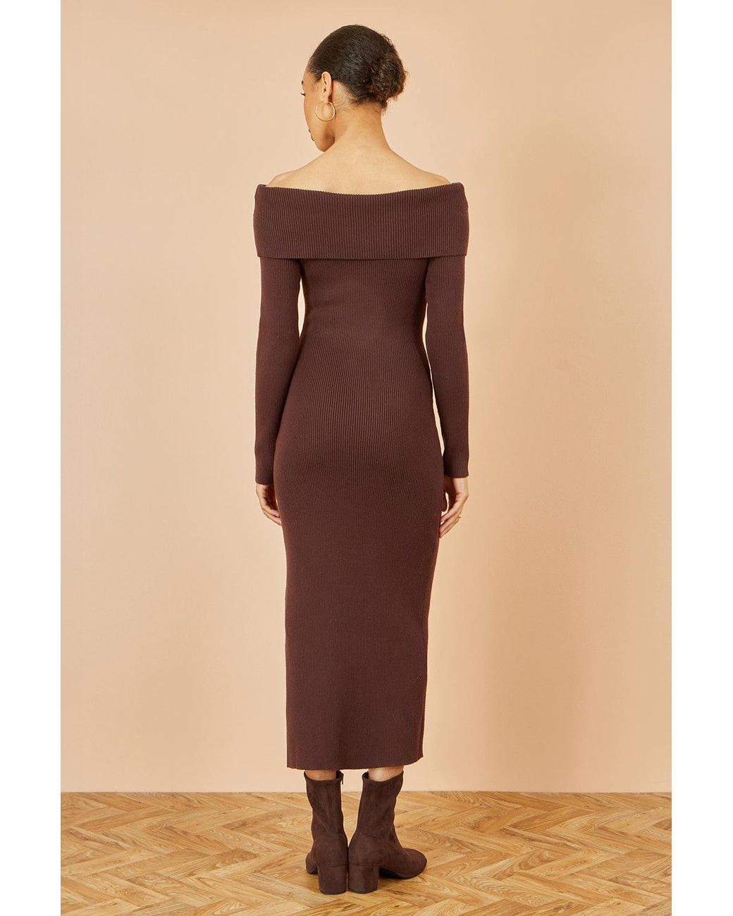 Yumi' Natural Bardot Knitted Fitted Midi Dress