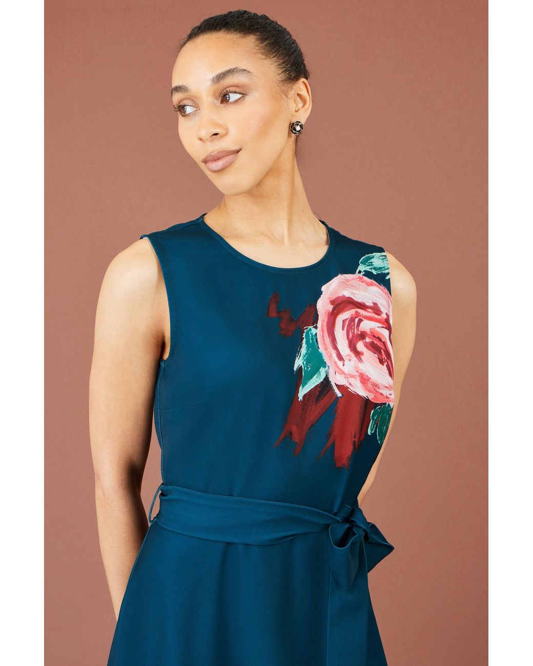 Yumi' Blue Abstract Floral Skater Midi Dress