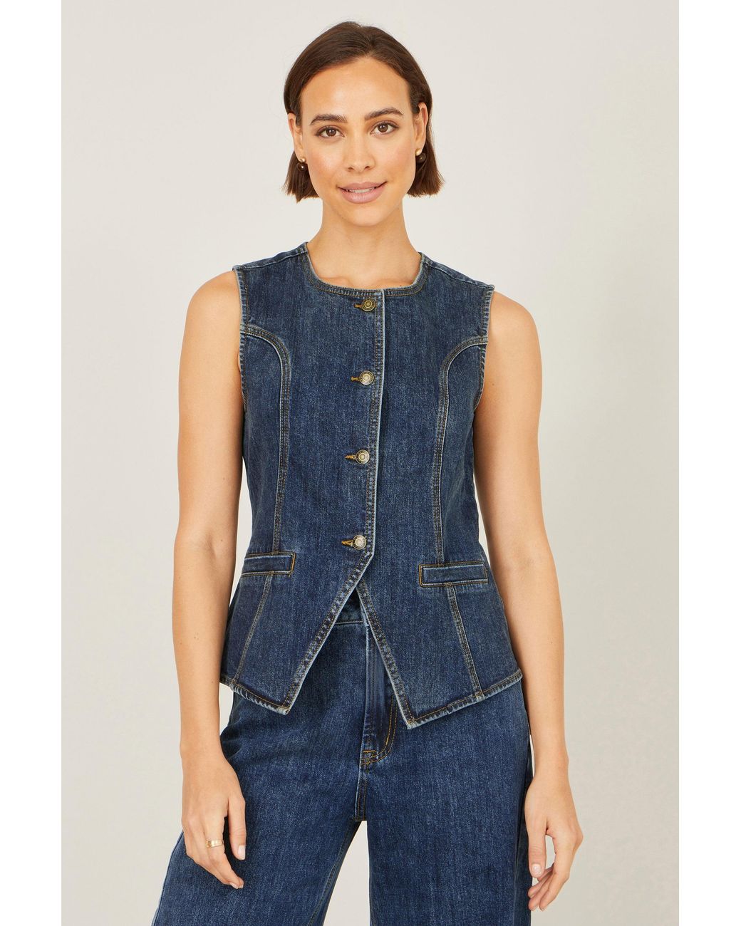 Yumi' Blue Stretch Long Denim Waistcoat