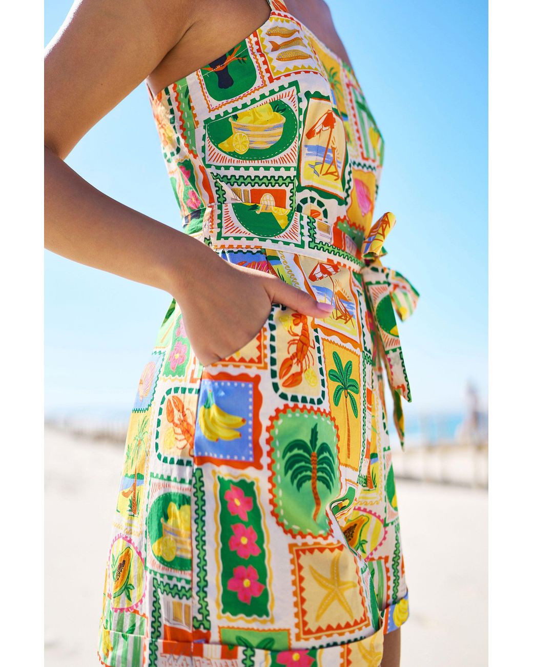 Yumi' Multicolor Multicolour Cotton Postcard Print Playsuit
