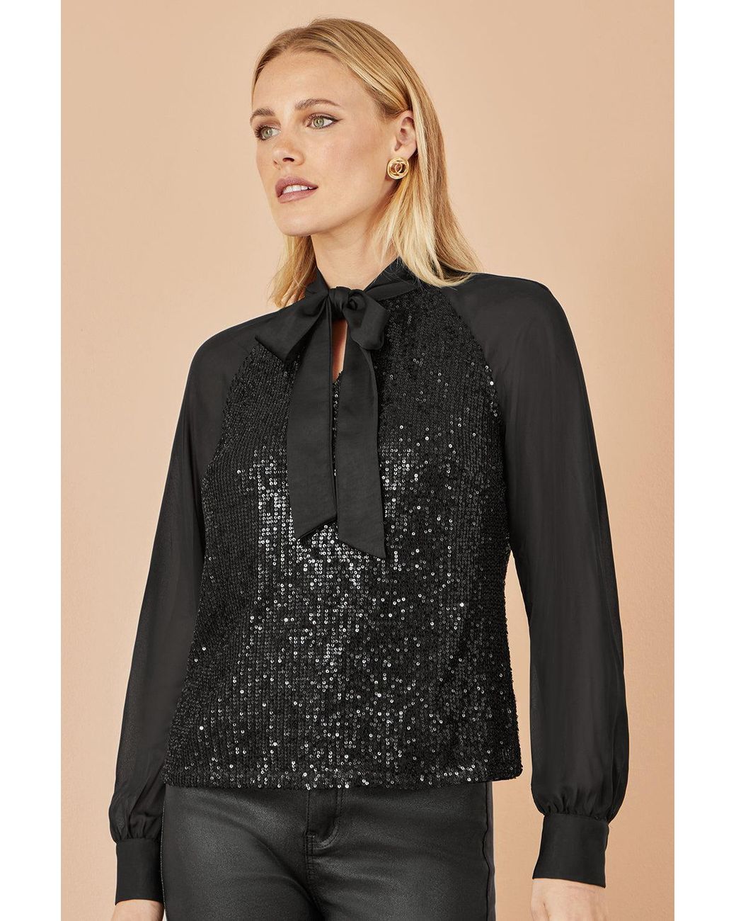 Yumi' Black Sequin Pussy Bow Top