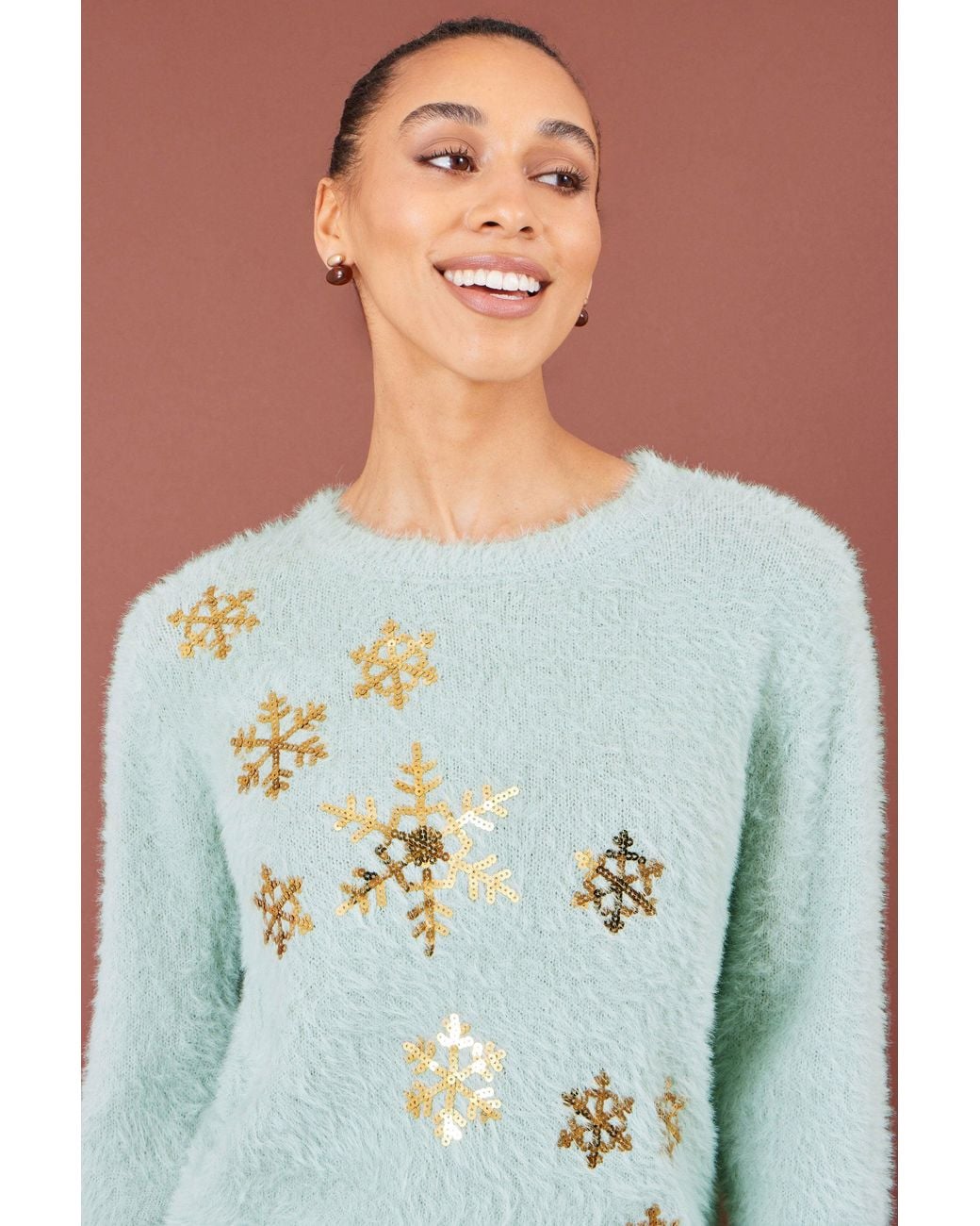 Yumi' Blue Mint Sequin Snowflake Fluffy Jumper