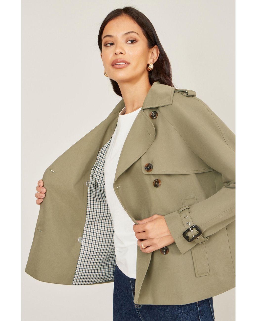 Yumi' Natural Cropped Trench Jacket With Pockets And Check Lining