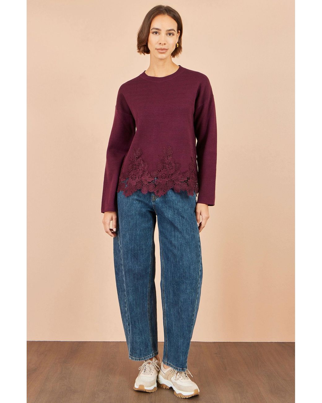 Yumi' Purple Viscose Relaxed Jumper With Lace Trim