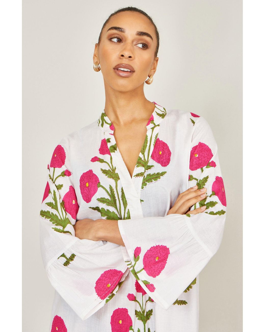 Yumi' White Cotton Floral Tunic