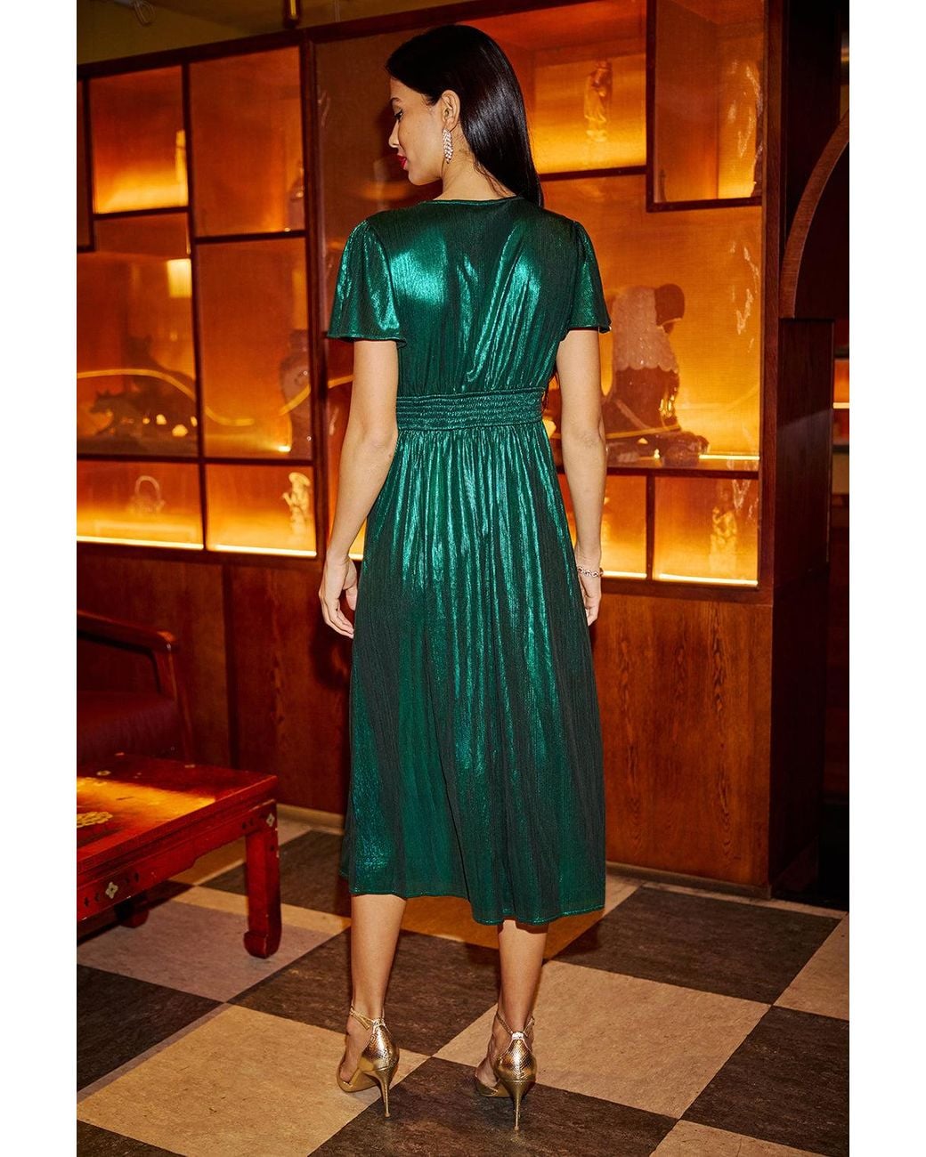 Yumi' Orange Metallic Ruched Midi Dress