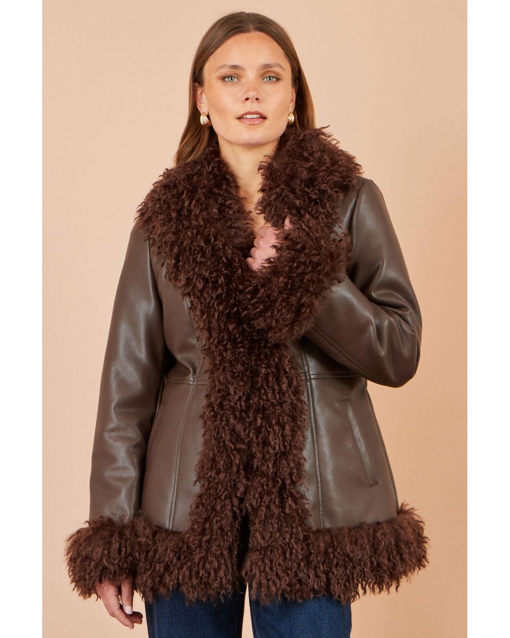Yumi' Brown Faux Leather Coat With Faux Fur Trims