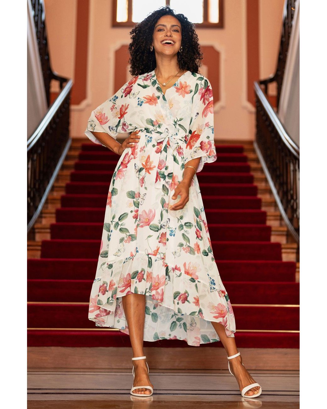 Yumi' Red Floral Print Wrap Midi Dress With Dipped Hem