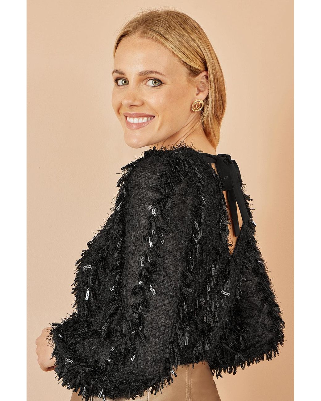 Yumi' Black Hanging Sequin Long Sleeve Top