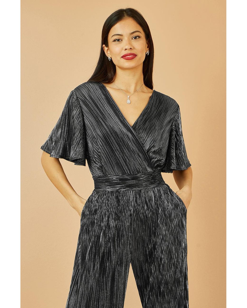 Yumi' Blue Metallic Pleated Jumpsuit With V Neck