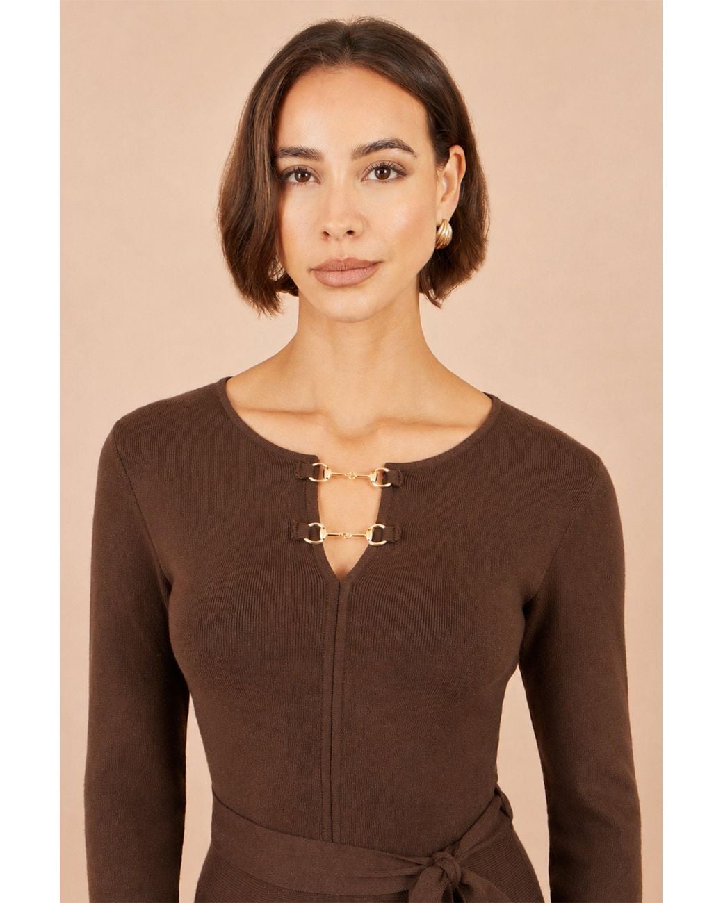 Yumi' Brown Knitted Skater Dress With Buckle Detail