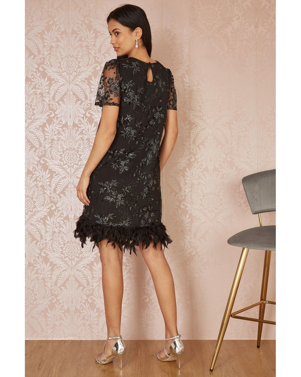 Yumi' Black Sequin Embroidered Tunic Dress With Feather Trim