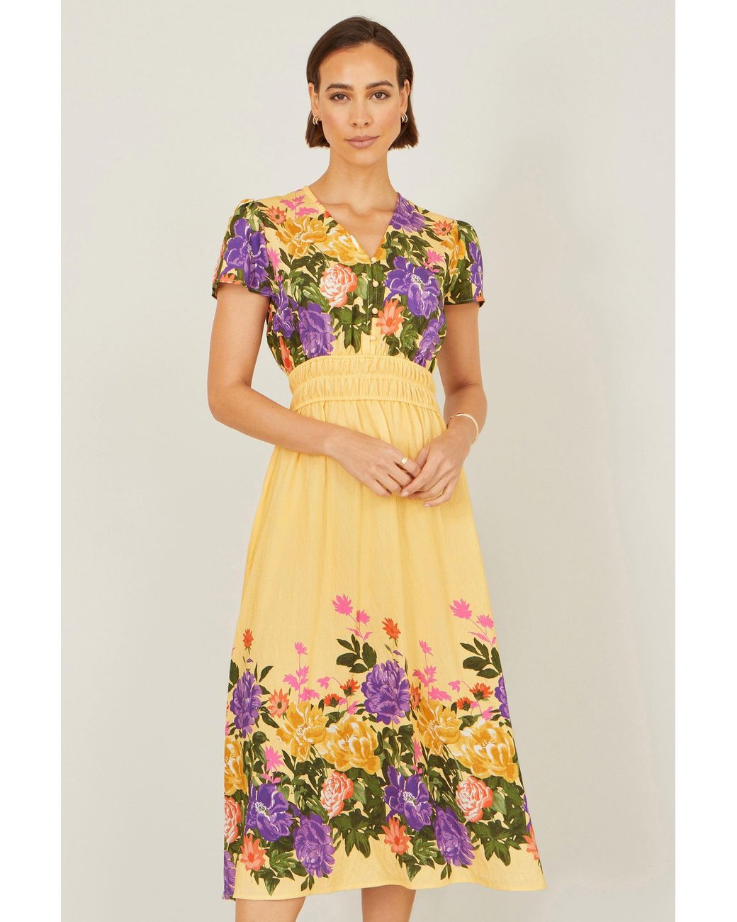 Yumi' Metallic Floral Mirror Print Viscose Midi Dress