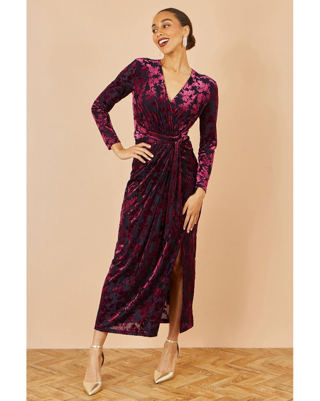 Yumi' Blue Velour Stretch Midi Dress With Long Sleeves