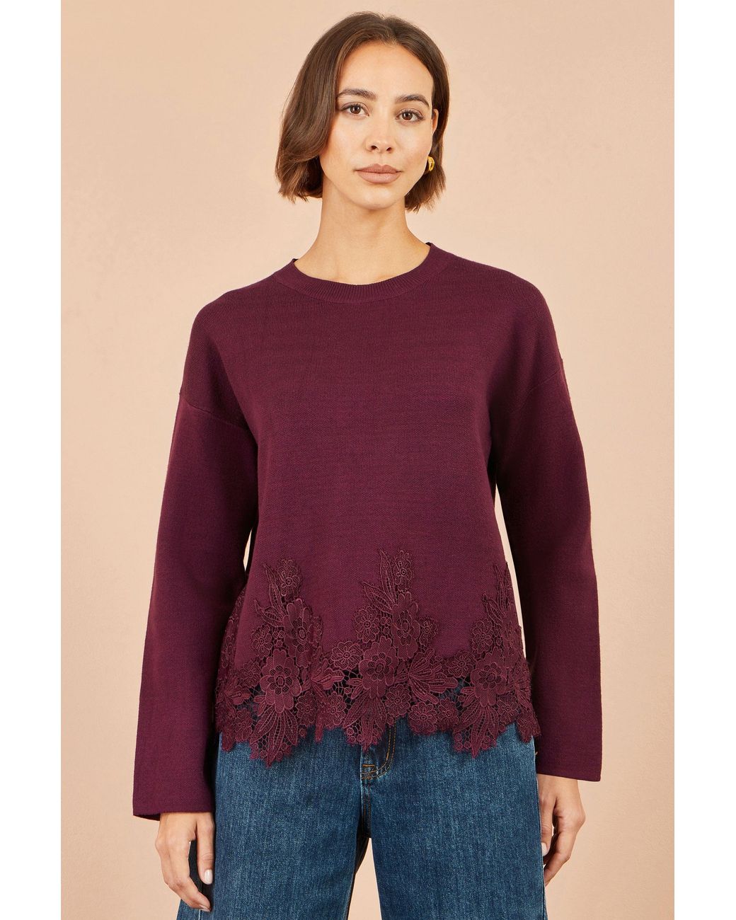 Yumi' Purple Viscose Relaxed Jumper With Lace Trim