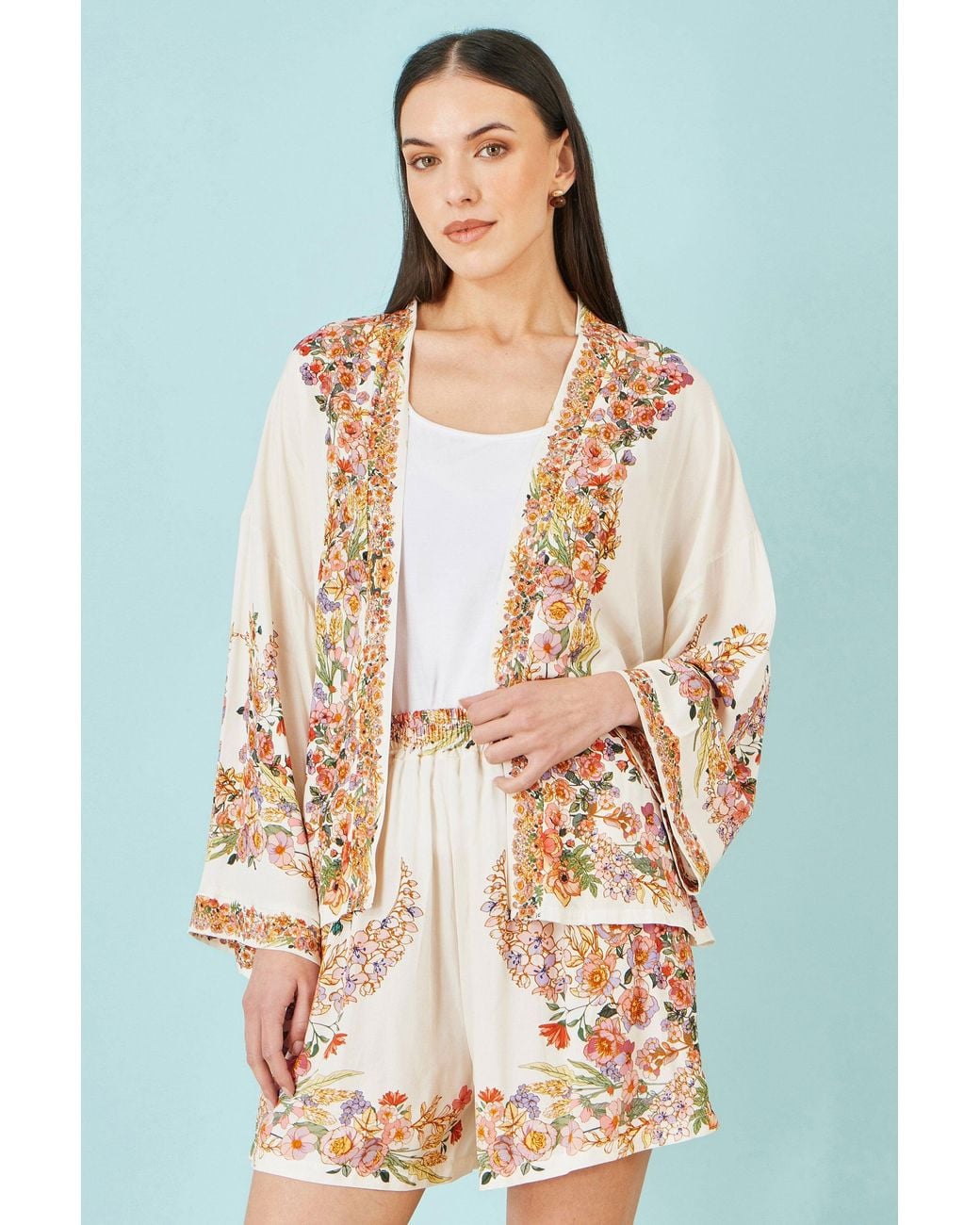Yumi' Blue Viscose Floral Border Kimono With Tie Belt