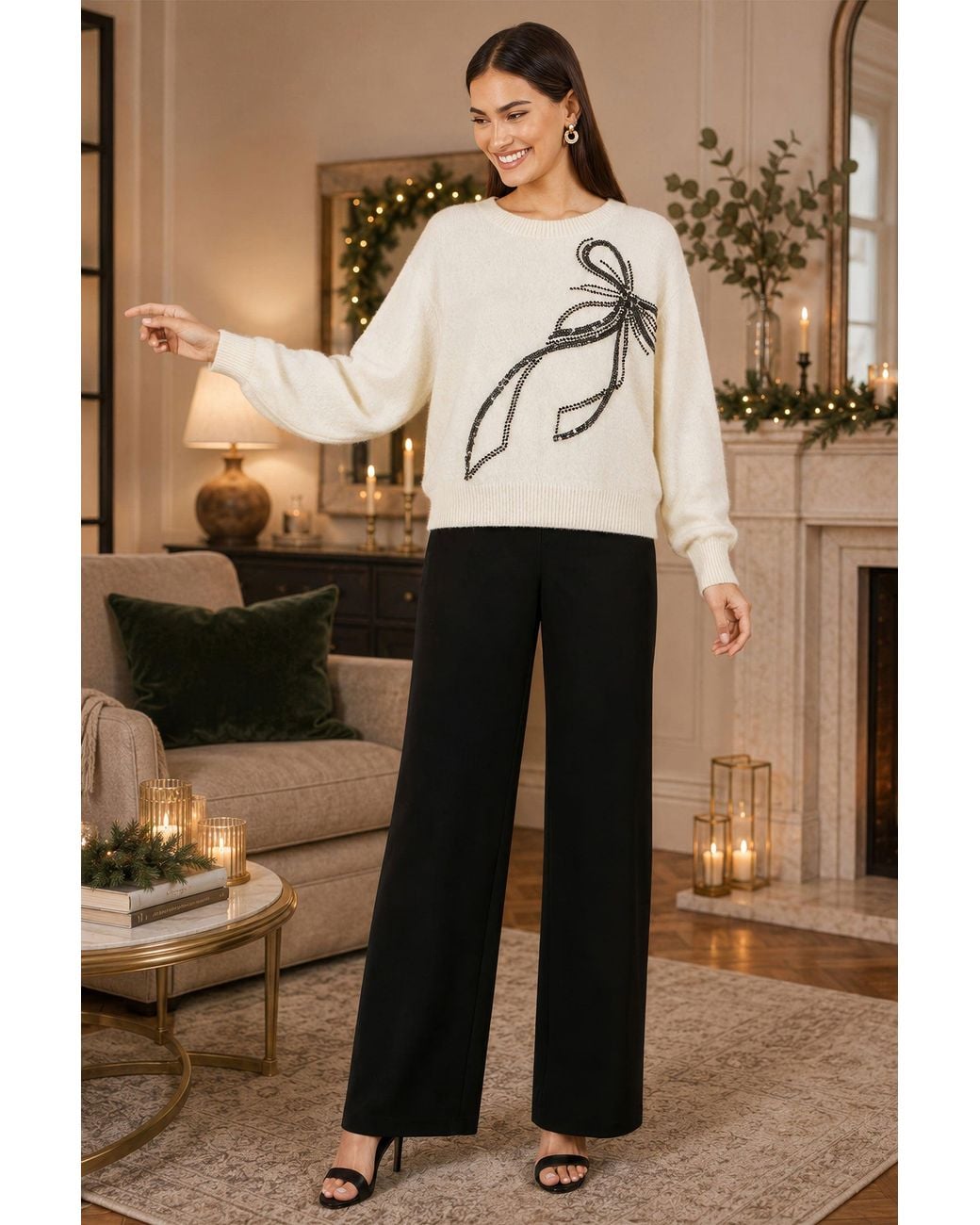 Yumi' Natural Sequin Bow Relaxed Jumper