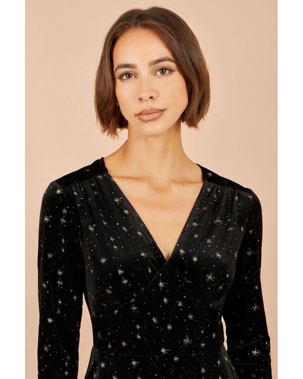 Yumi' Black Velvet Skater Dress With Foil Star Print