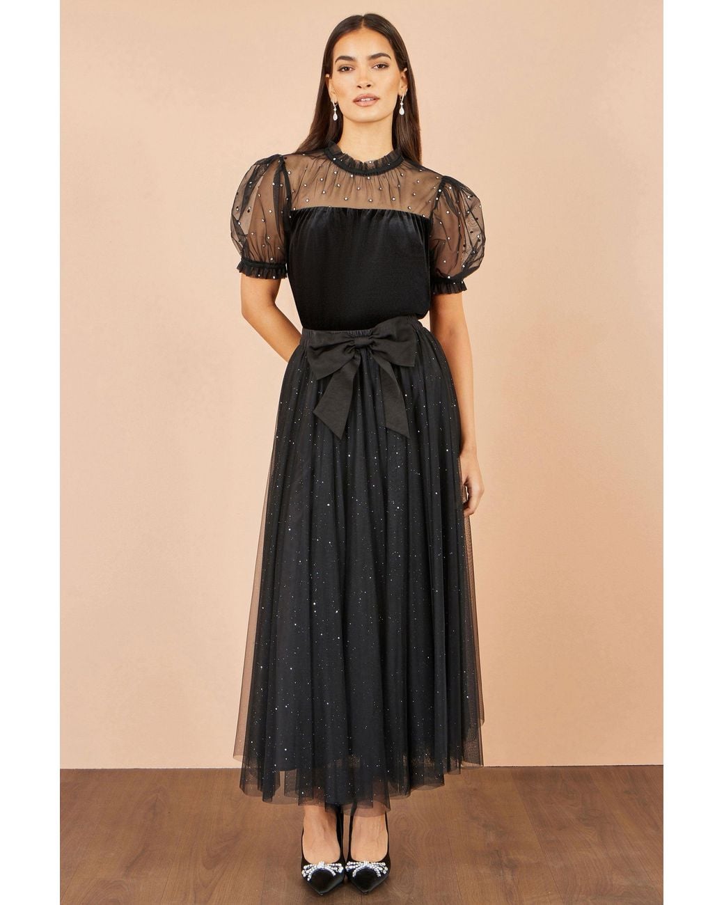 Yumi' Black Velvet Mesh Embellished Top