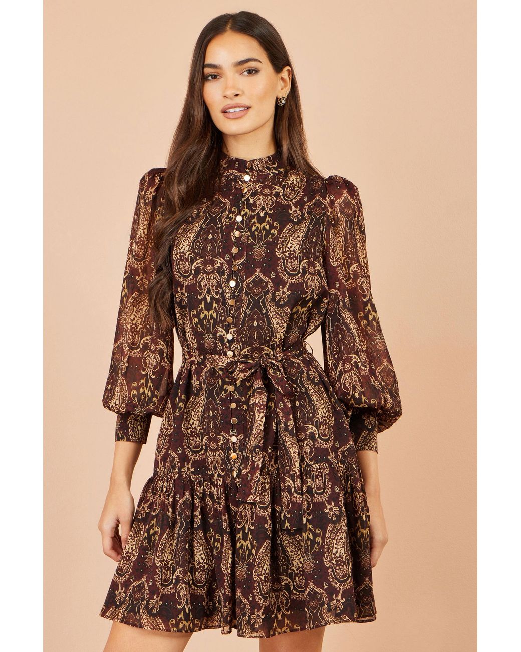 Yumi' Brown Paisley Long Sleeve Shirt Dress