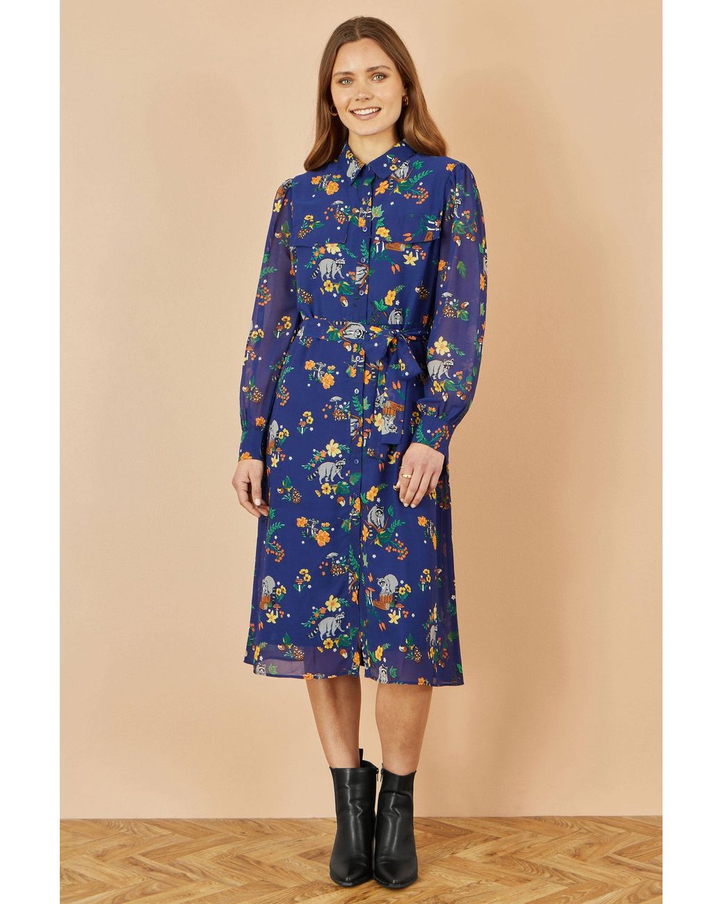 Yumi' Blue Recycled Raccoon Print Shirt Midi Dress