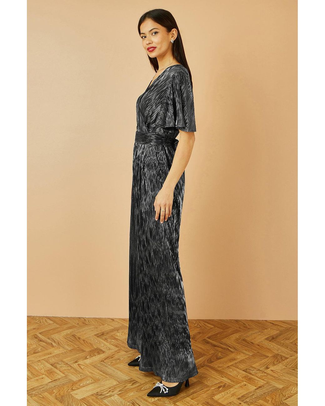 Yumi' Blue Metallic Pleated Jumpsuit With V Neck