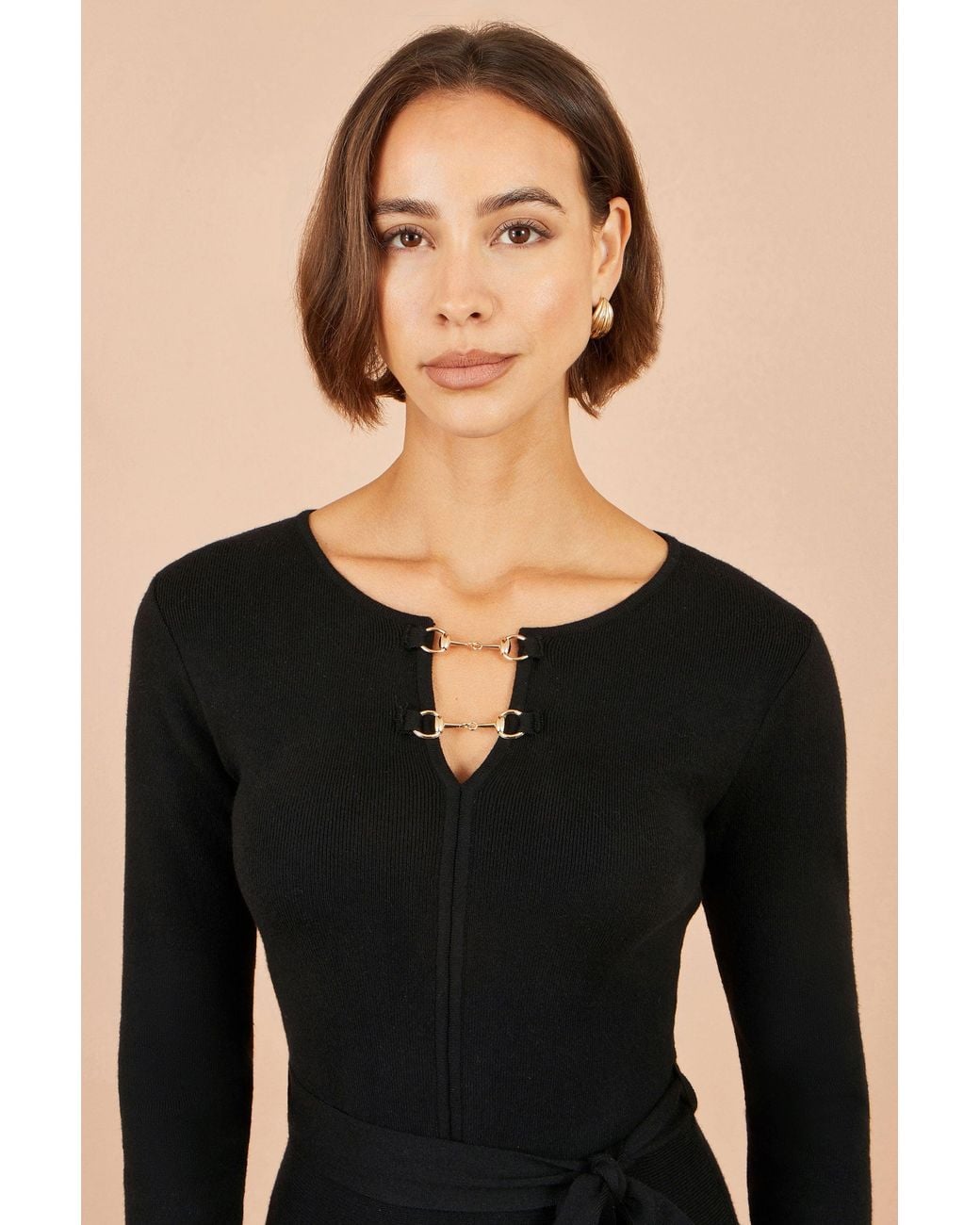 Yumi' Black Knitted Skater Dress With Buckle Detail