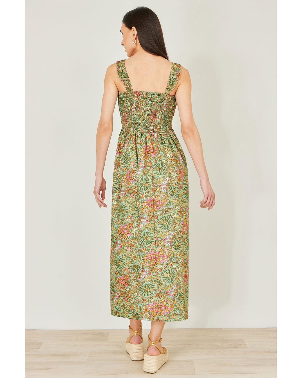 Yumi' Green Foil Palm Print Ruched Maxi Dress With Border Detail