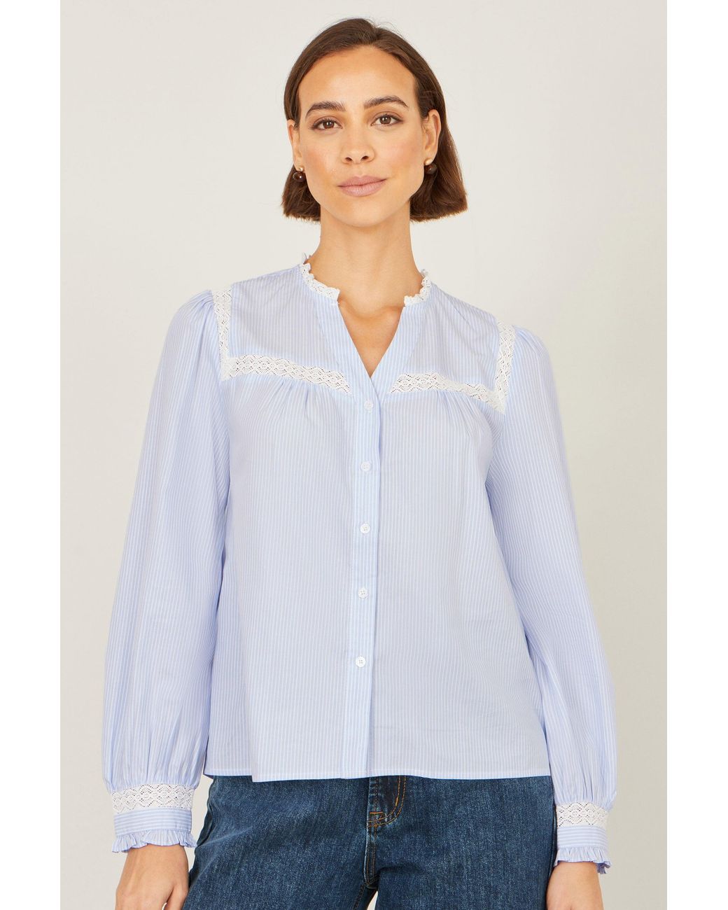 Yumi' Gray Stripe Shirt With Lace Detail