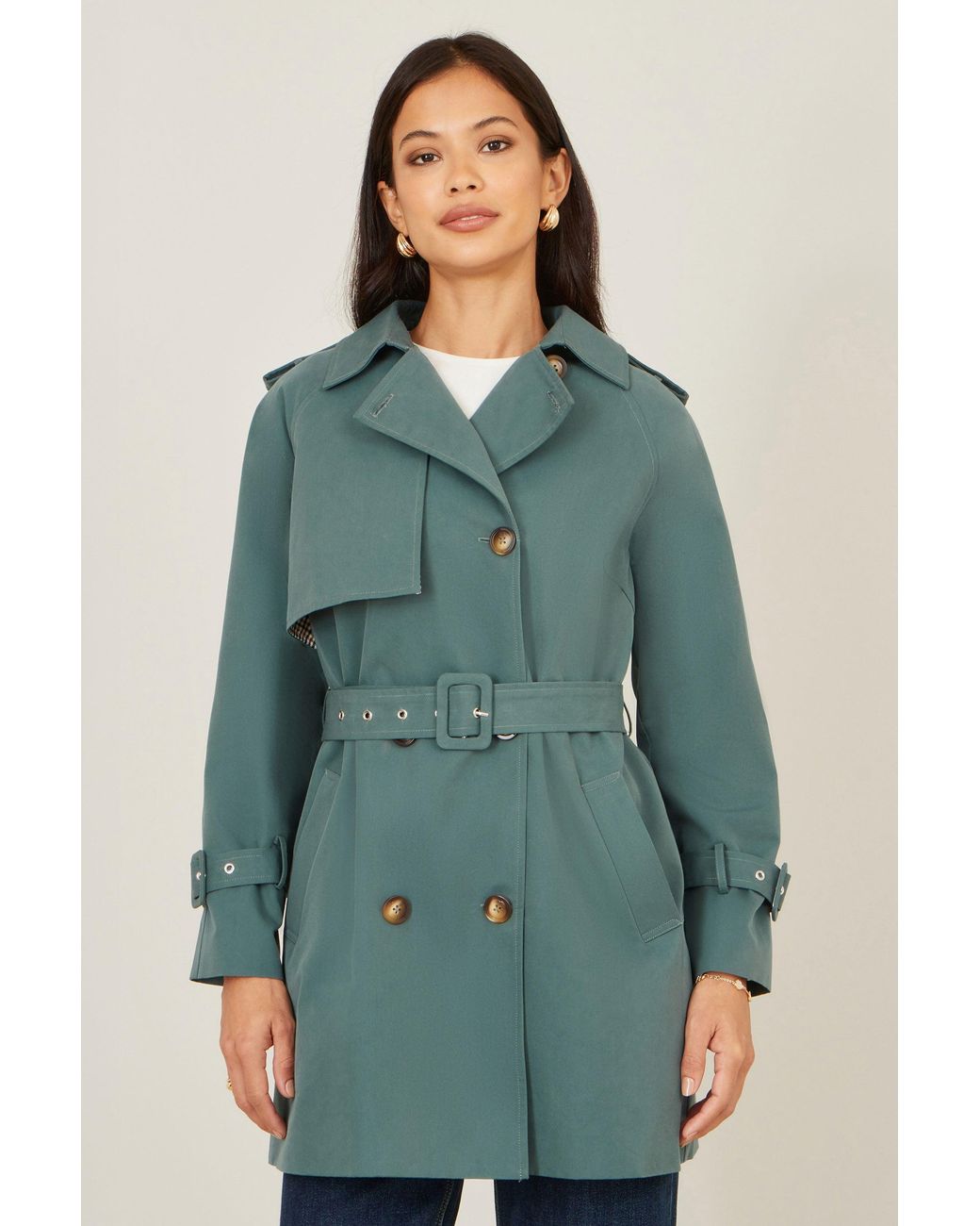 Yumi' Green Belted Trench Coat With Check Lining