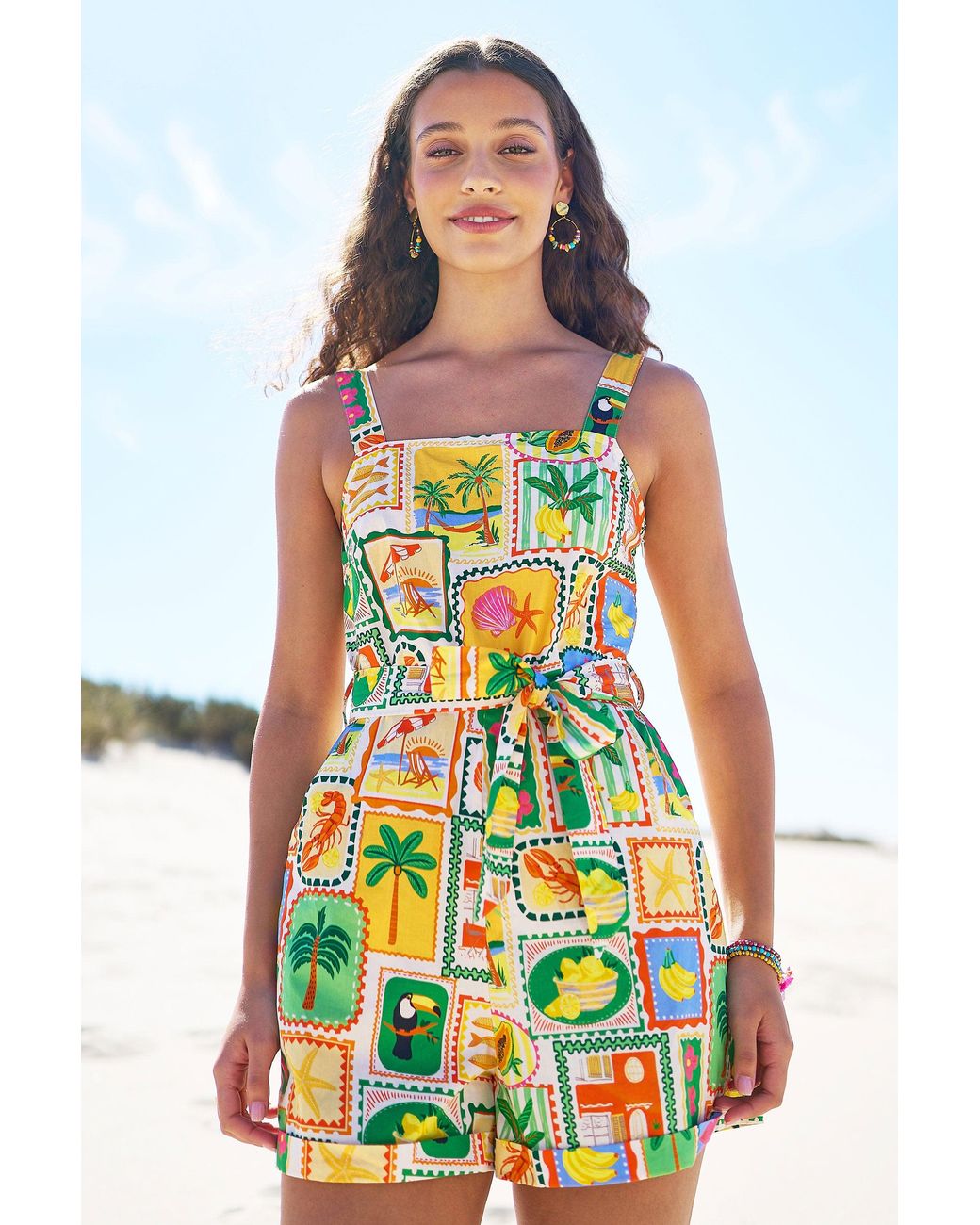Yumi' Multicolor Multicolour Cotton Postcard Print Playsuit